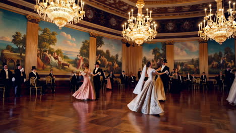 elegant grand ball with couples dancing in a lavish ballroom