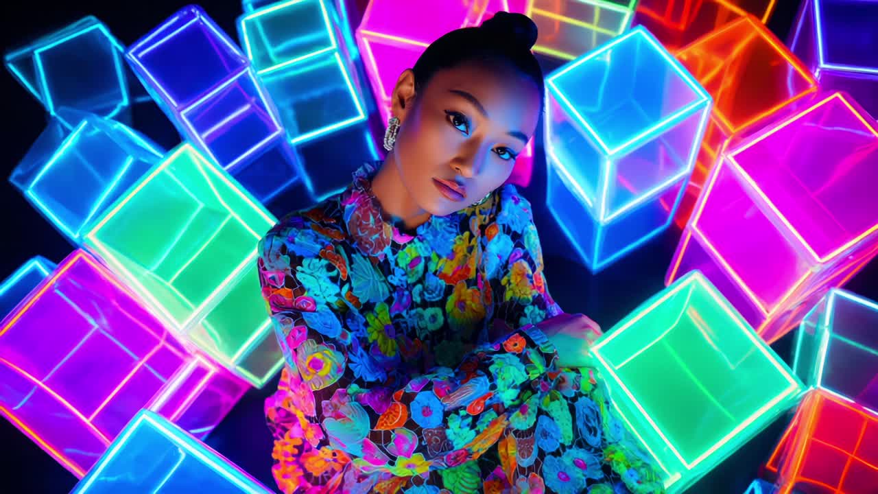 A vibrant display of colors and shapes, featuring a striking individual amidst a backdrop of luminous cubes, capturing an artistic fusion of fashion and modern aesthetics
