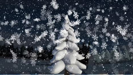 Animation-Von-Schneeflocken-Und-Schnee,-Der-Nachts-über-Den-Schneebedeckten-Weihnachtsbaum-Fällt
