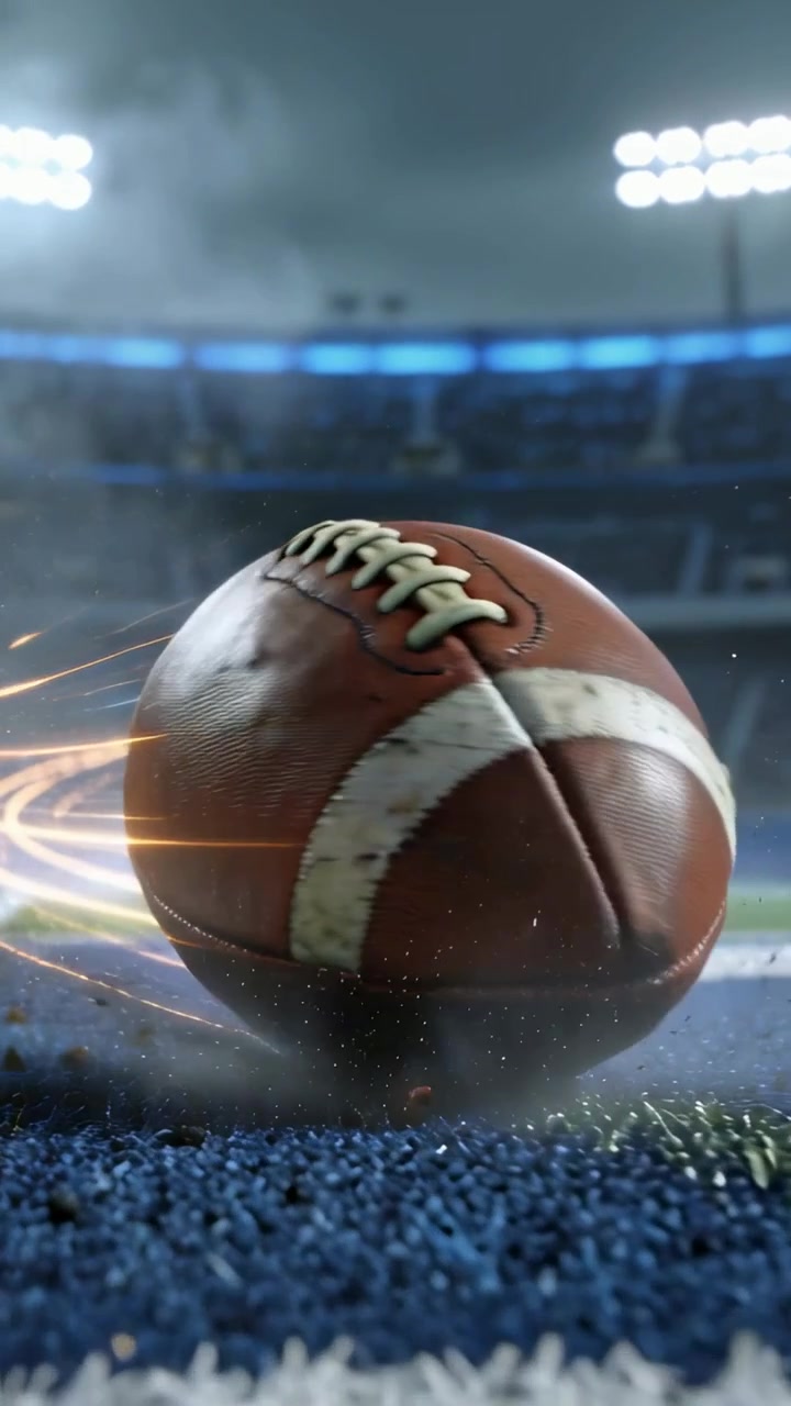 Video verticale: pallone da calcio che rotola mostrando i lacci, in movimento sul manto erboso sotto i riflettori mentre le scie luminose si spostano