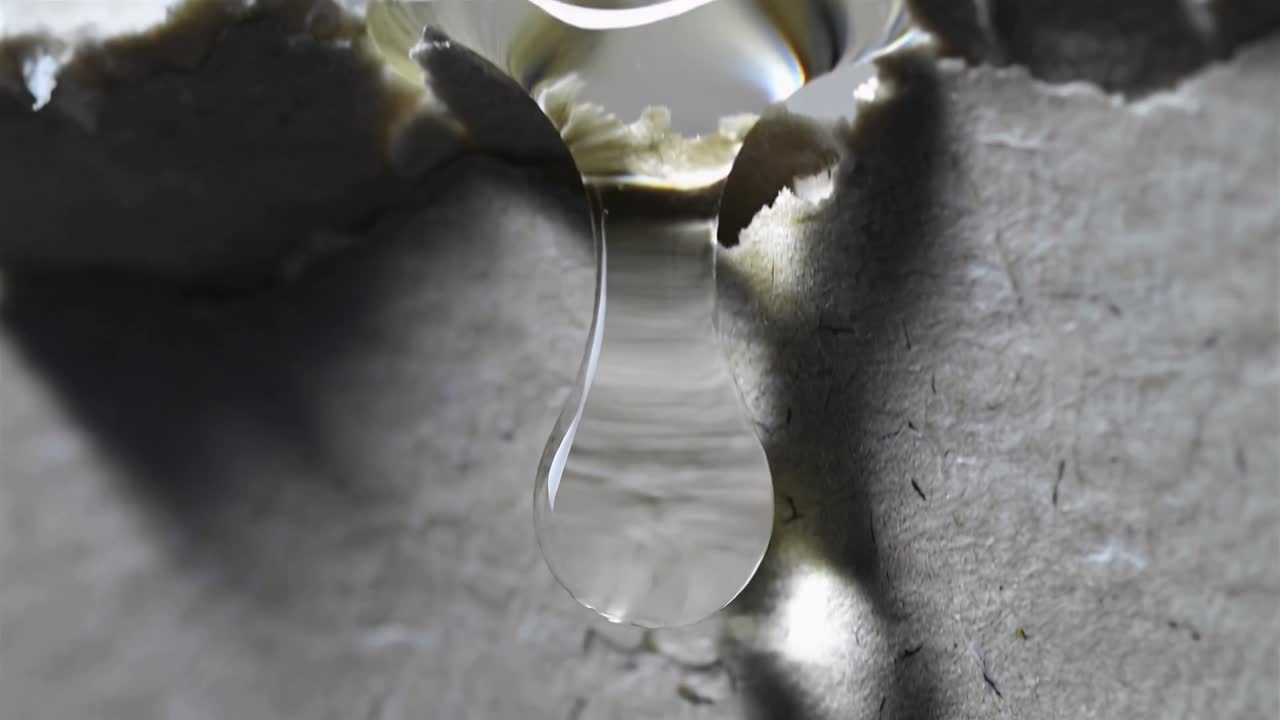 Si forma una goccia trasparente pendente che si allunga e si stacca dal bordo di cartone strappato, mentre la gravità la tira.
