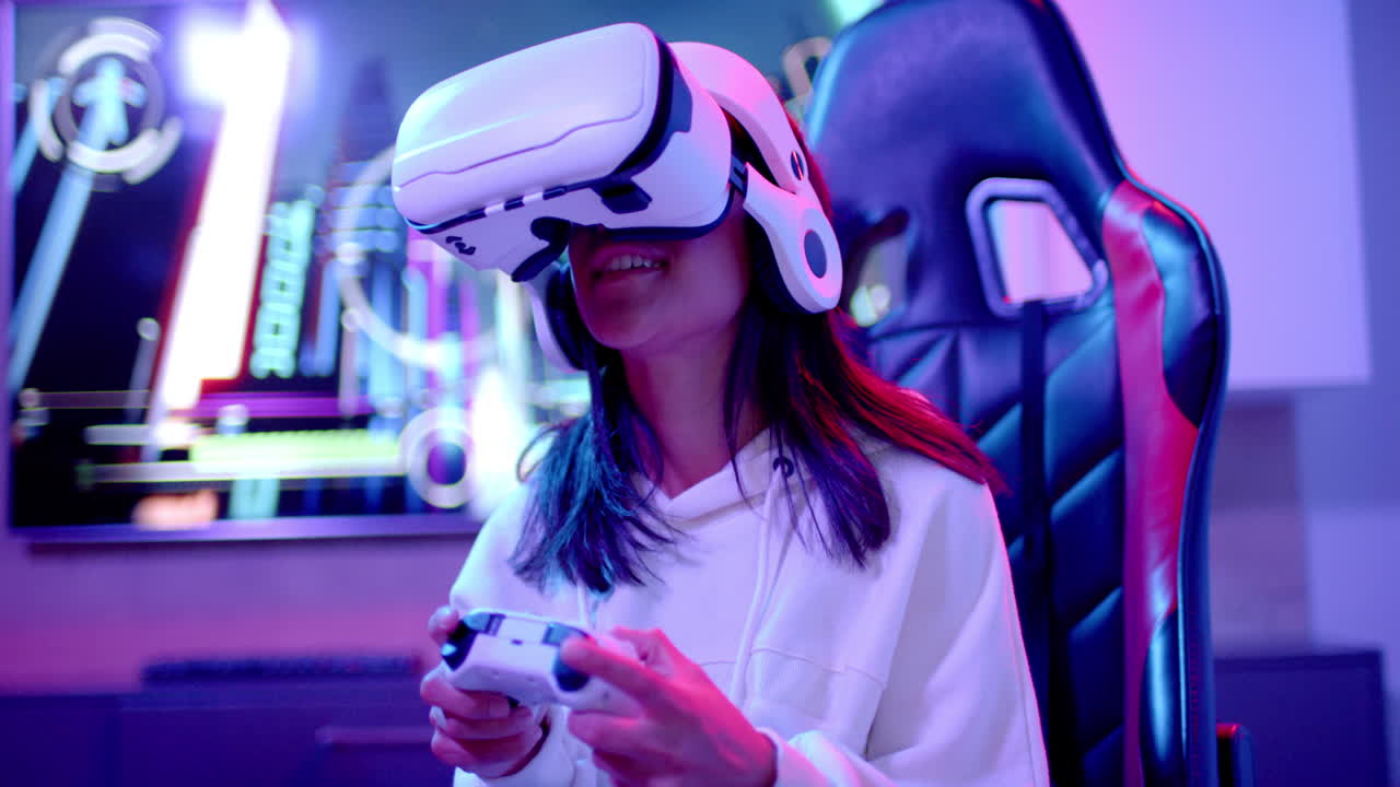 Playing video game, teenage girl using VR headset and controller, enjoying hangout