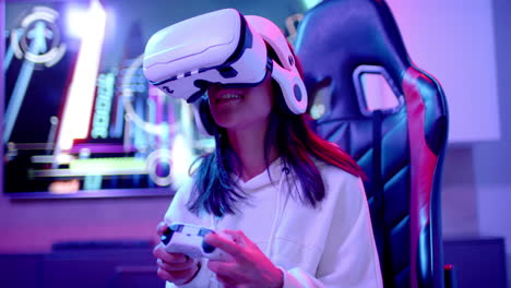 playing video game, teenage girl using vr headset and controller, enjoying hangout