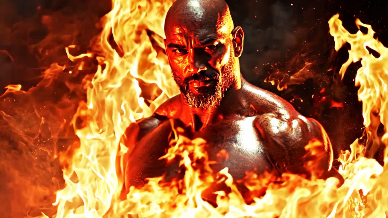 A man is standing in front of a fire with his arms spread wide. The fire is orange and yellow, and it seems to be engulfing the man. Scene is intense and dramatic