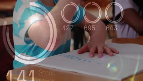 animation of loading circles and changing numbers over diverse students studying in classroom