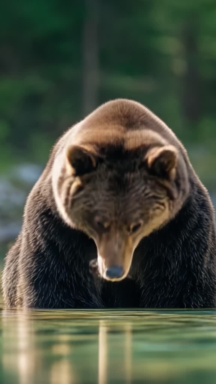Un maestoso orso grizzly che osserva il suo habitat naturale in un ambiente acquatico sereno, catturando la bellezza della fauna selvatica e le meraviglie della natura.