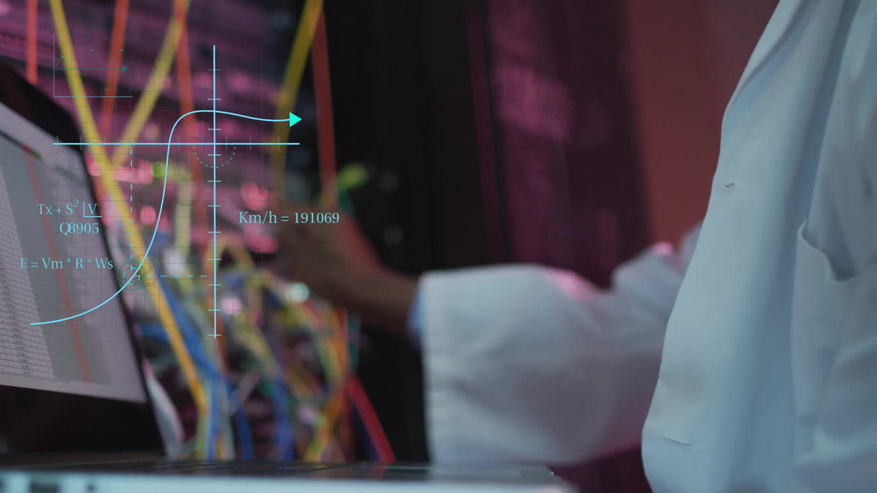 animación de procesamiento de datos científicos sobre afroamericano hombre técnico de ti por servidores