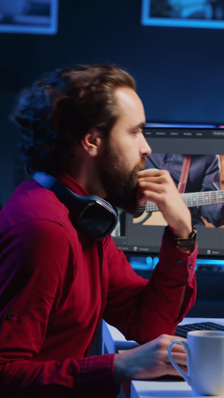 Editor di video verticali: corregge i filmati difettosi, ottimizza il colore e applica il color grading, mentre si gusta una tazza di caffè in uno studio creativo