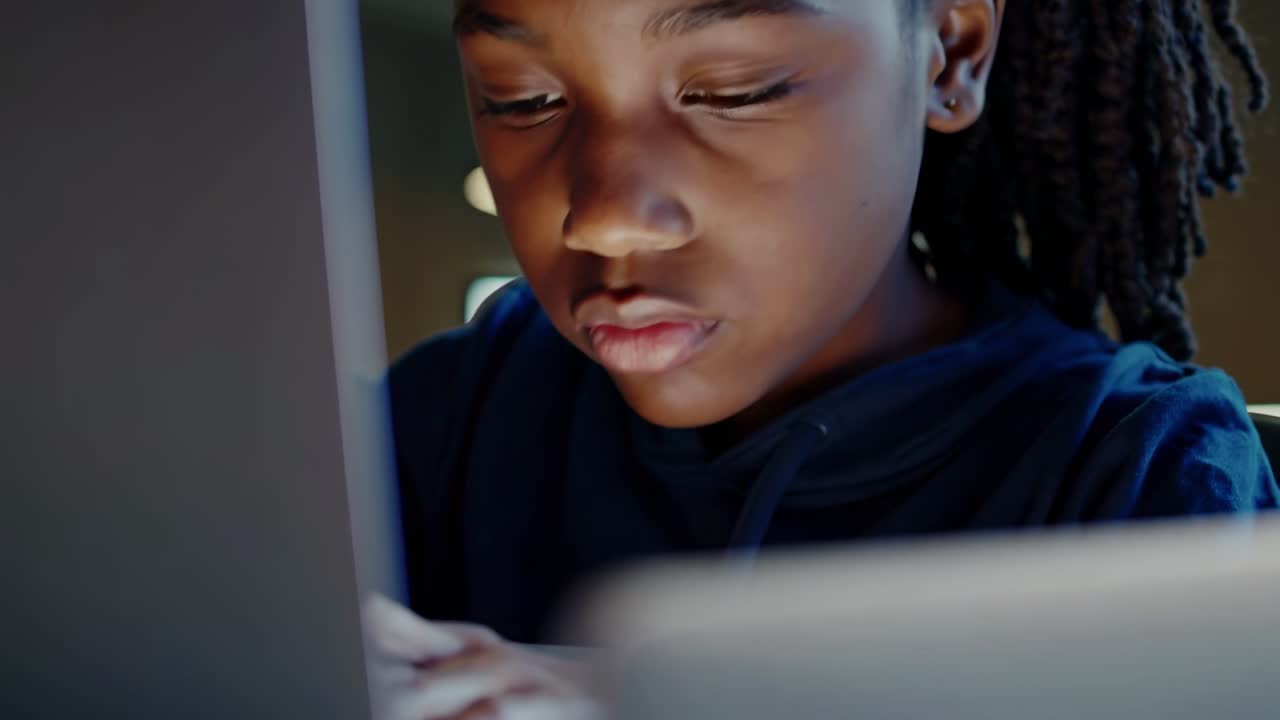 Close-up, eye-level shot of a focused child using a laptop, capturing the essence of concentration