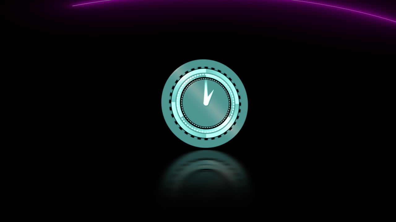 Animation of neon ticking clock icon and purple light trails against black background
