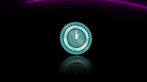 Animación-Del-Icono-Del-Reloj-De-Neón-Y-Estelas-De-Luz-Violeta-Sobre-Fondo-Negro