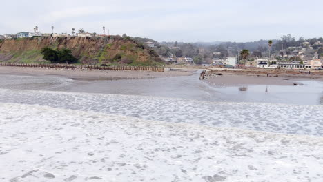 Aerial,-Rio-Del-Mar-Beach-in-Northern-California-on-a-gloomy-overcast-day