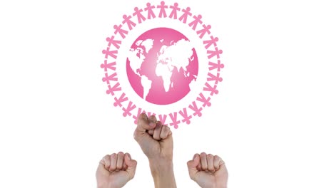 animation of multiple pink globe logo over raised fists