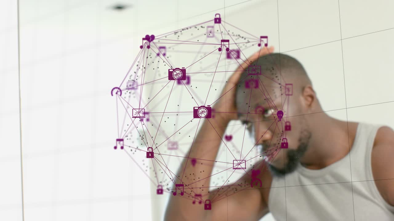 Man glancing in mirror, checking hair and eyes, hologram overlaying glass, grooming for self-care