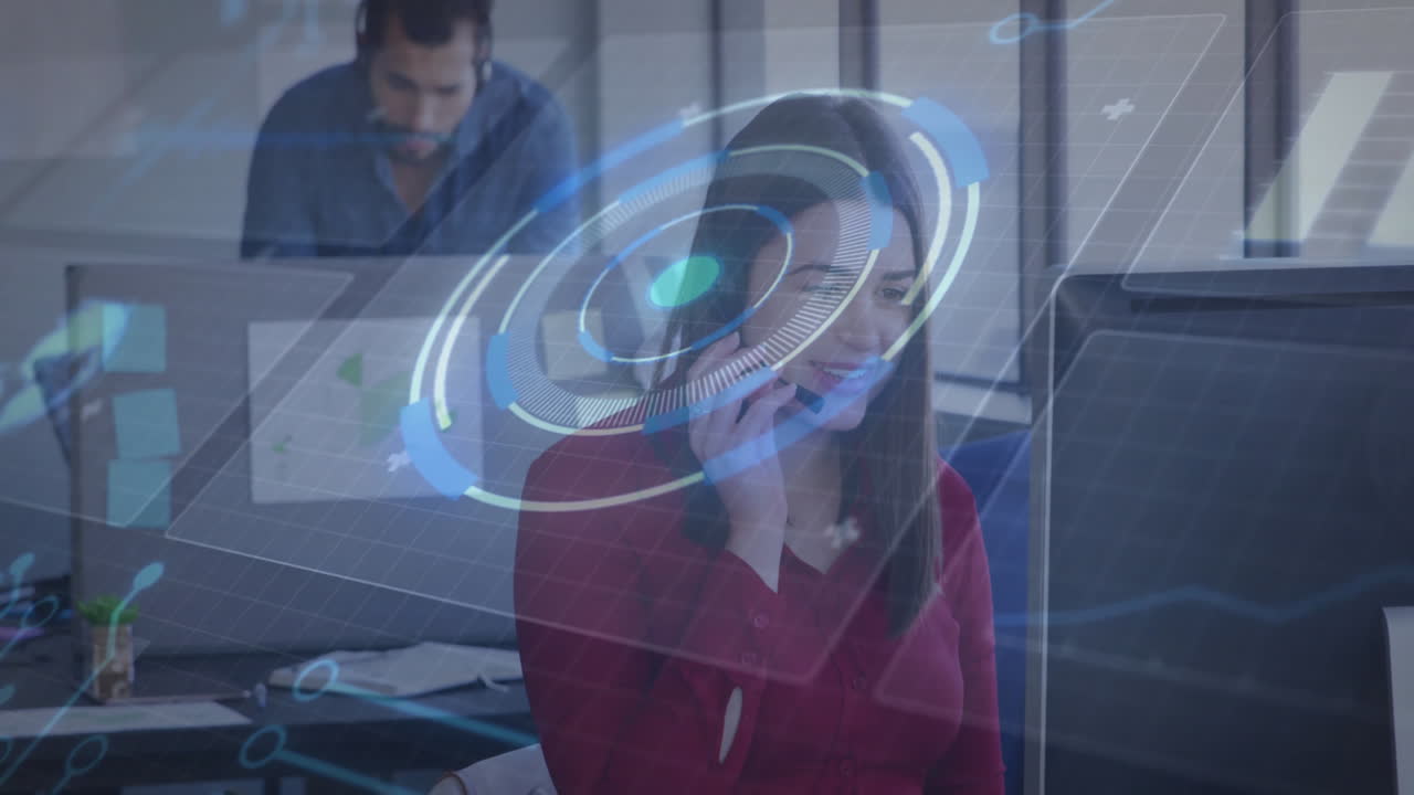 Using animation, businesswoman on phone with digital interface in office