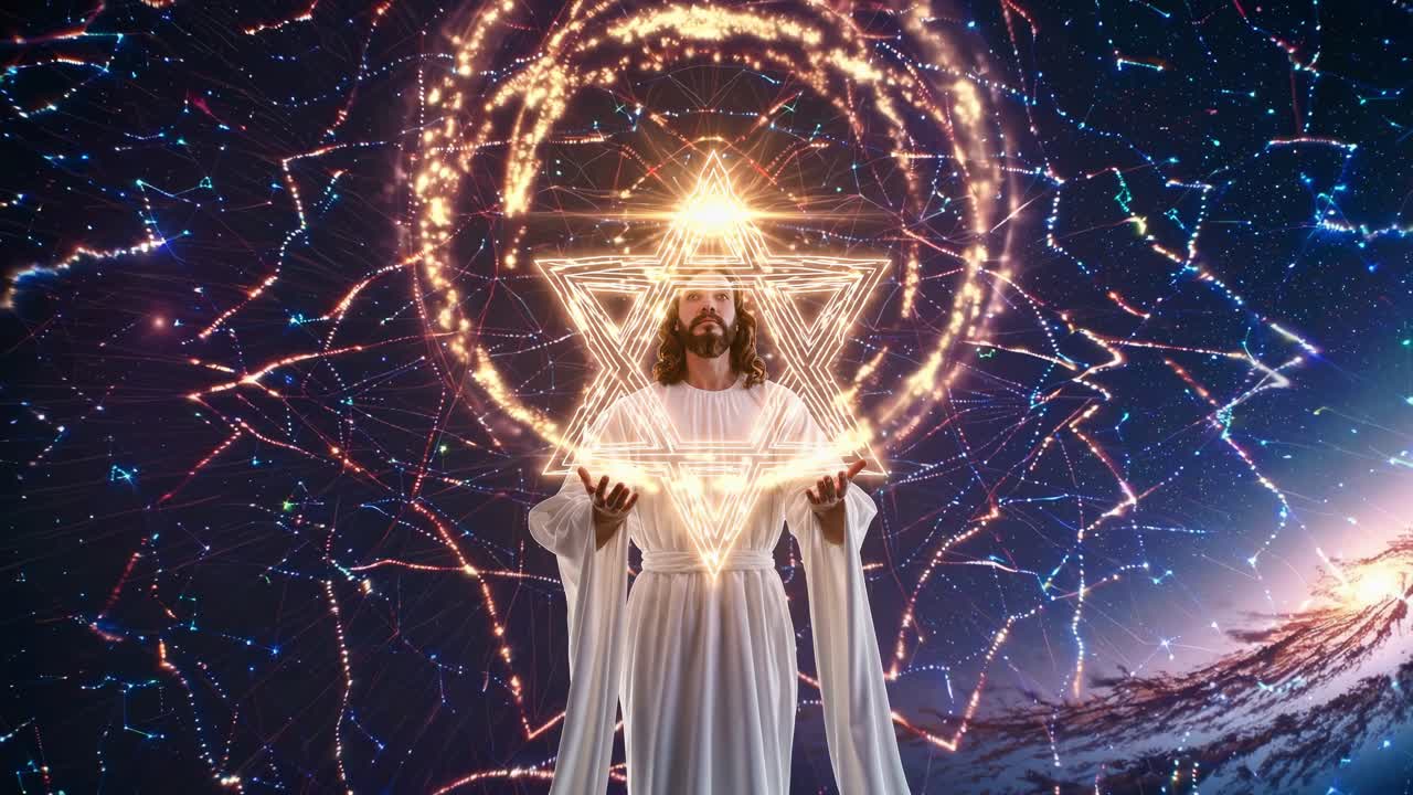 Luminous Jesus merging with glowing Merkaba star, radiating spiritual energy across vibrant cosmic landscape, connecting divine consciousness through sacred geometric patterns