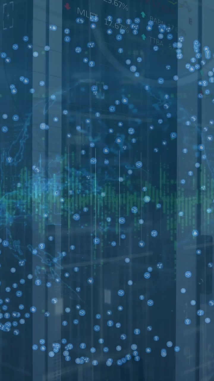 Animation of data processing over spinning globe against computer server room