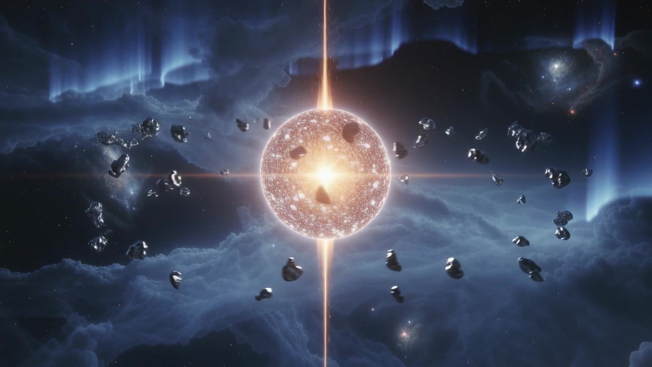 Pulsing energy core pulling rocky debris into orbit by field in nebula, sending vertical beam