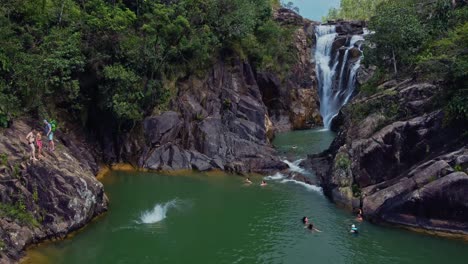 aerial of big rock falls in the mountain pine ridge forest reserve, belize