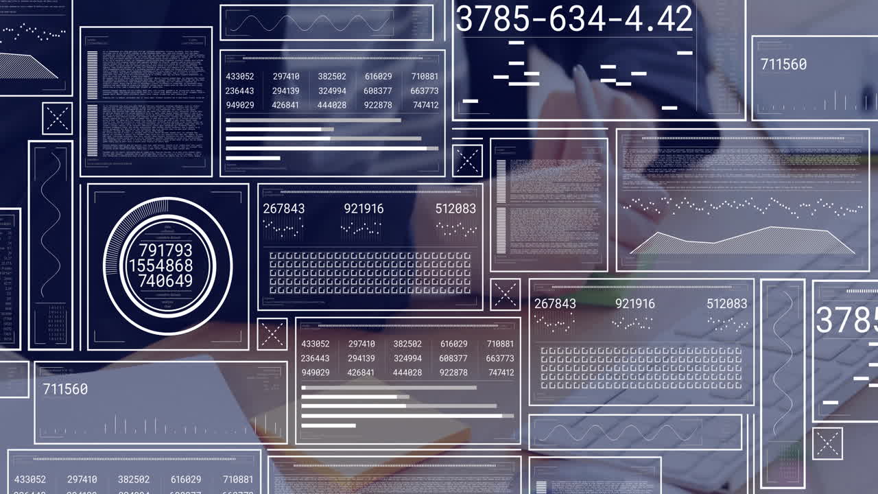 Professional hand writing on notebook at tech office desk, showing floating data panels and charts
