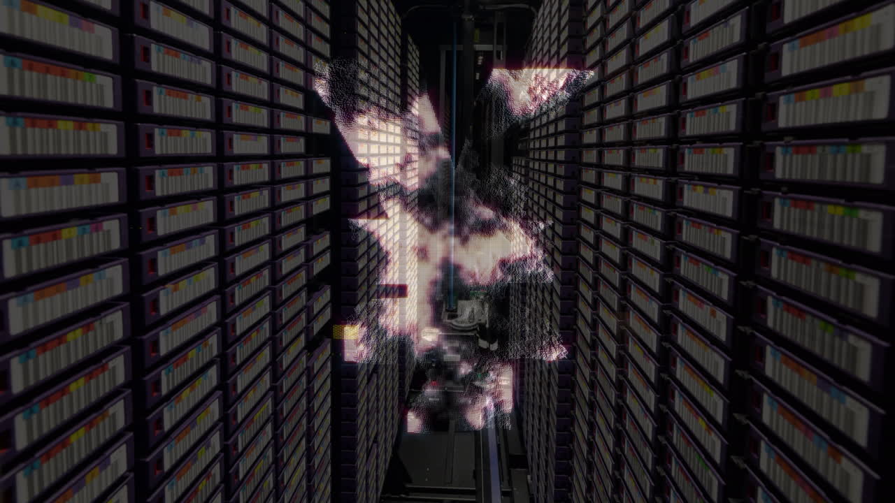 Yen symbol spinning against computer server room in background