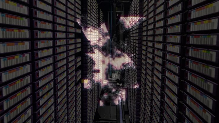 Yen symbol spinning against computer server room in background