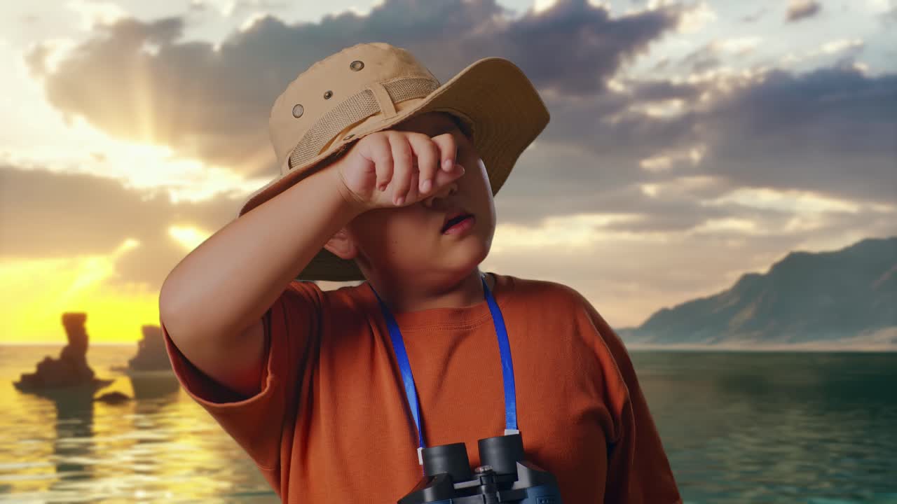 Asiatischer Junge mit Hut wischt sich nach dem Blick durchs Fernglas den schweißnassen Gesicht ab. Ein Junge, der etwas am Strand untersucht, Reise-Tourismus-Abenteuer-Konzept, Nahaufnahme