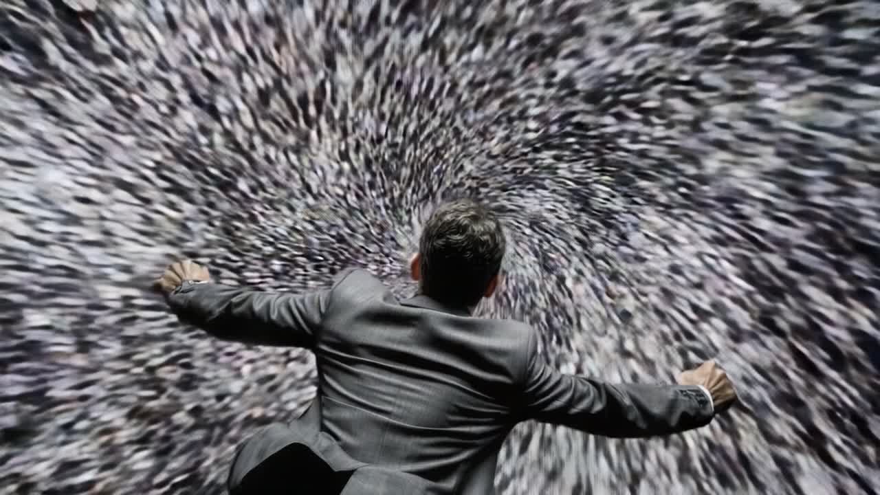 A Dynamic Journey Through Abstract Motion: Exploring the Vortex of Progress and Change Represented by a Figure in Motion Against a Swirling Background