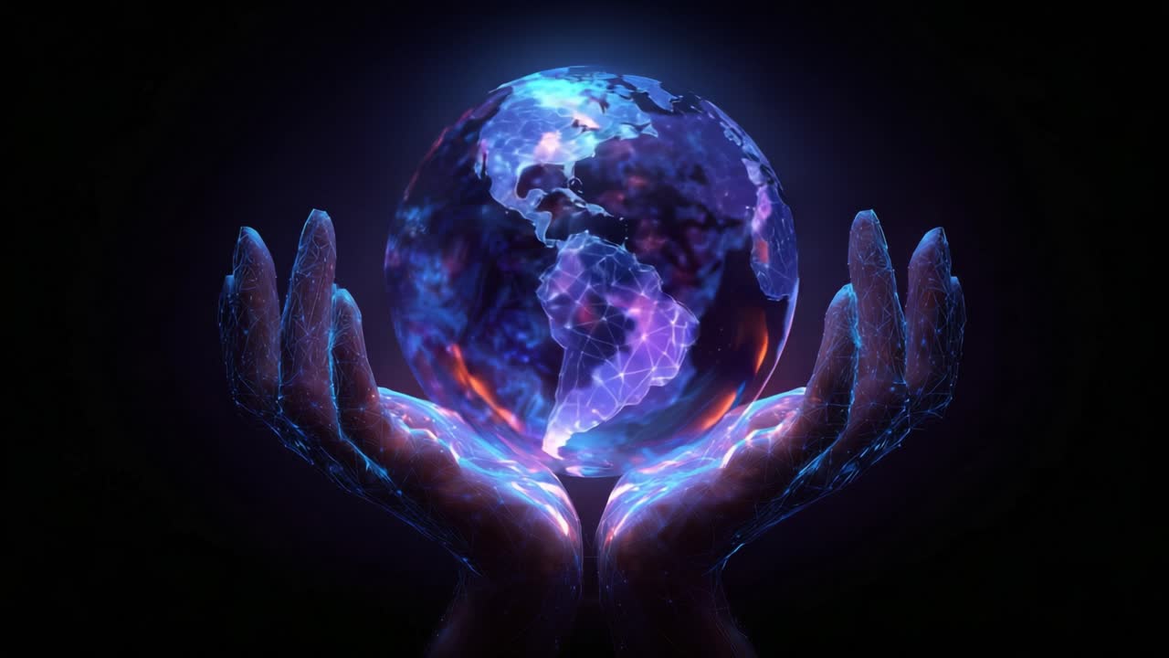 Abstract polygonal hands cradle a glowing digital Earth hologram with network lines and data nodes, symbolizing global technology, communication, connectivity, and the future