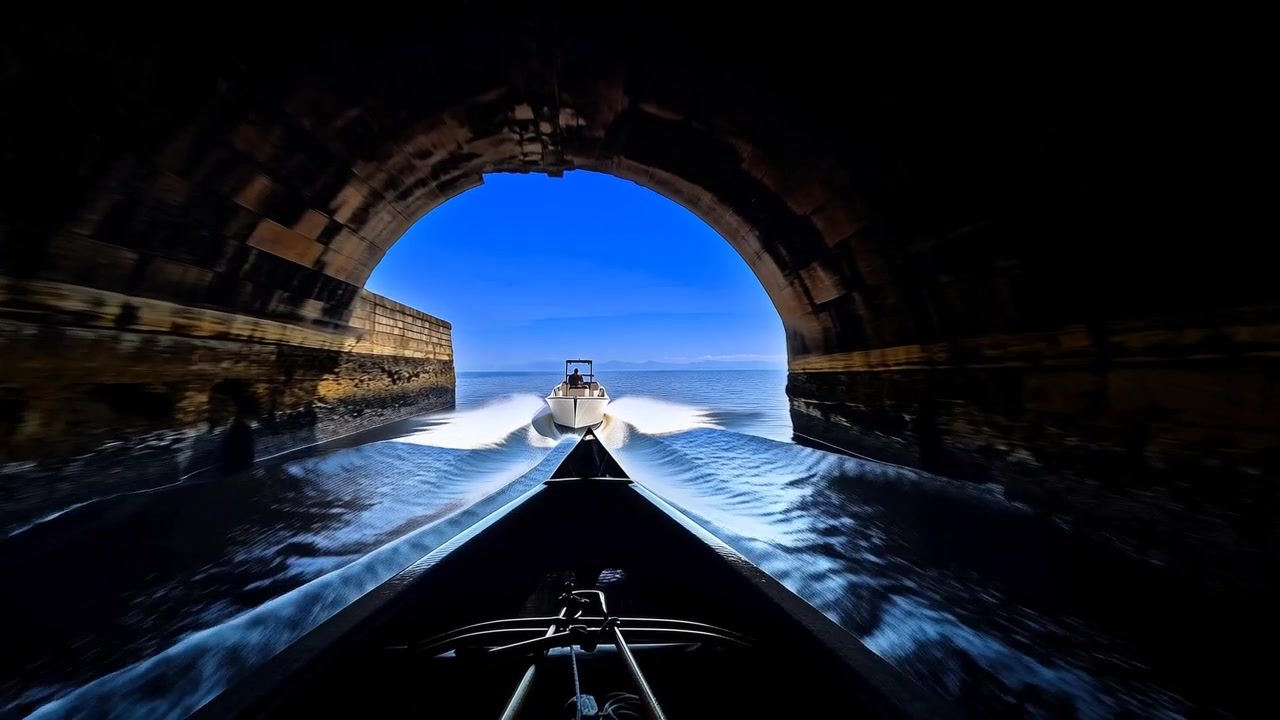 Accelerating lead powerboat moving through arched tunnel toward open sea, bow fittings foredeck