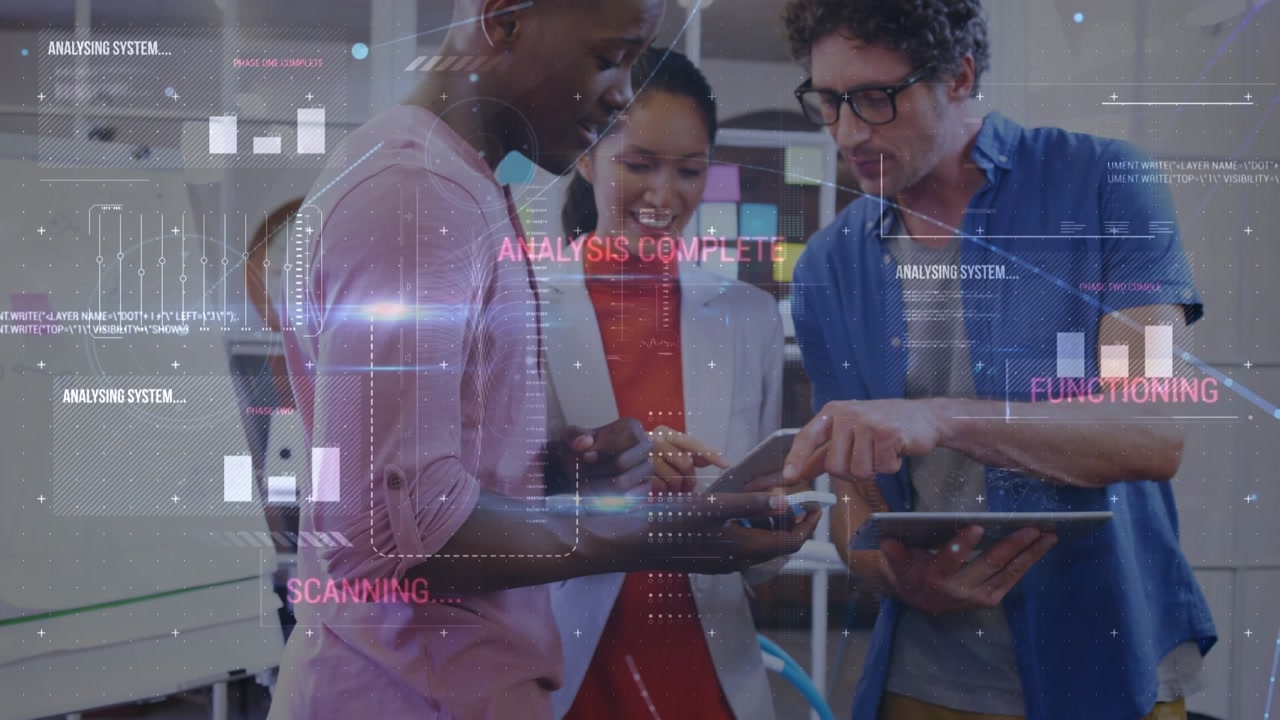 Animation of data processing over diverse business people in office