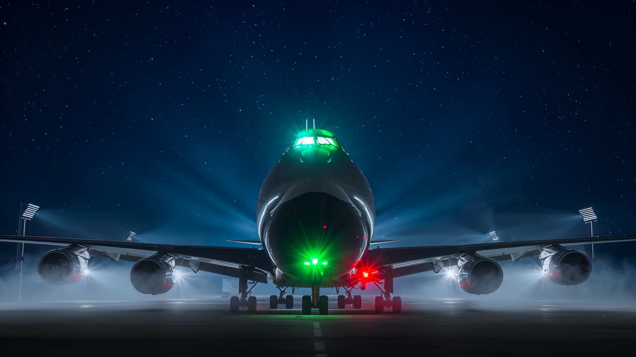 Piloni dei riflettori che illuminano un grande jet a quattro motori, rivelando le luci verdi dell'abitacolo sulla rampa, con la nebbia
