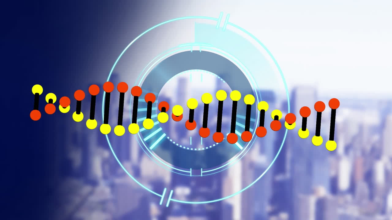 dna 스트랜드의 애니메이션과 도시 풍경 위의 스캔 범위
