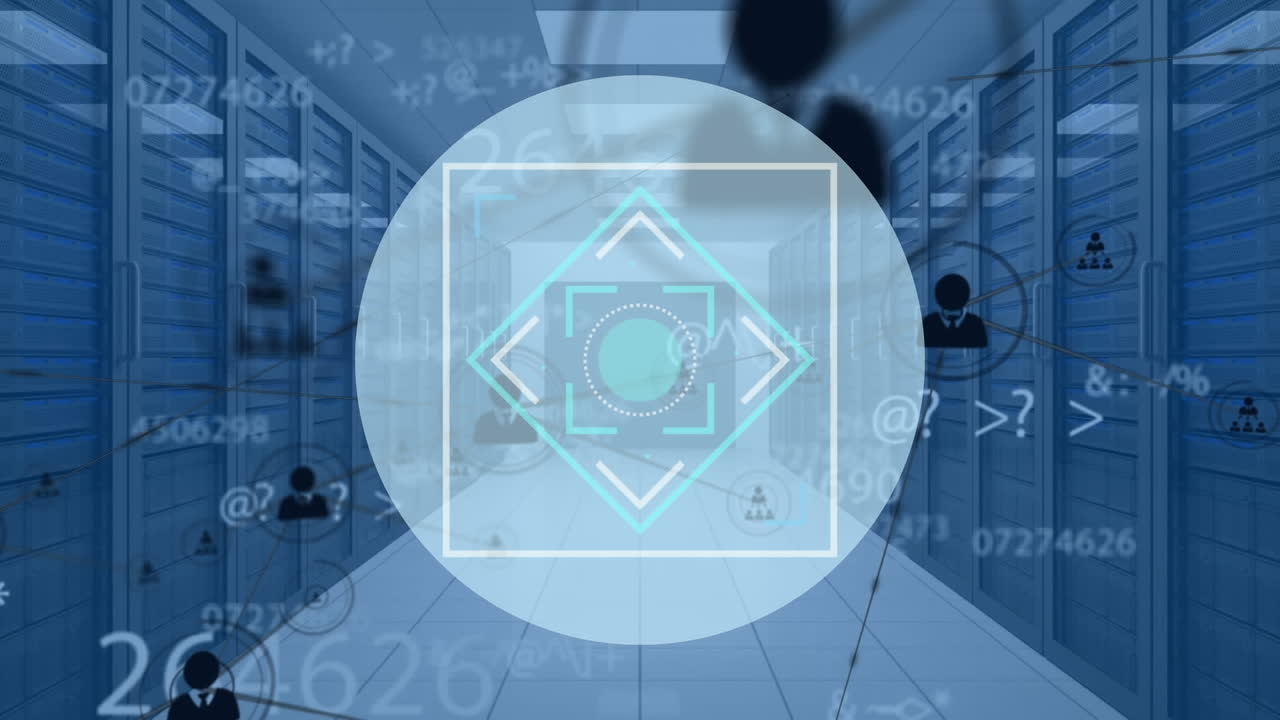 animación del escaneo de alcance, redes con iconos y procesamiento de datos a través de servidores informáticos