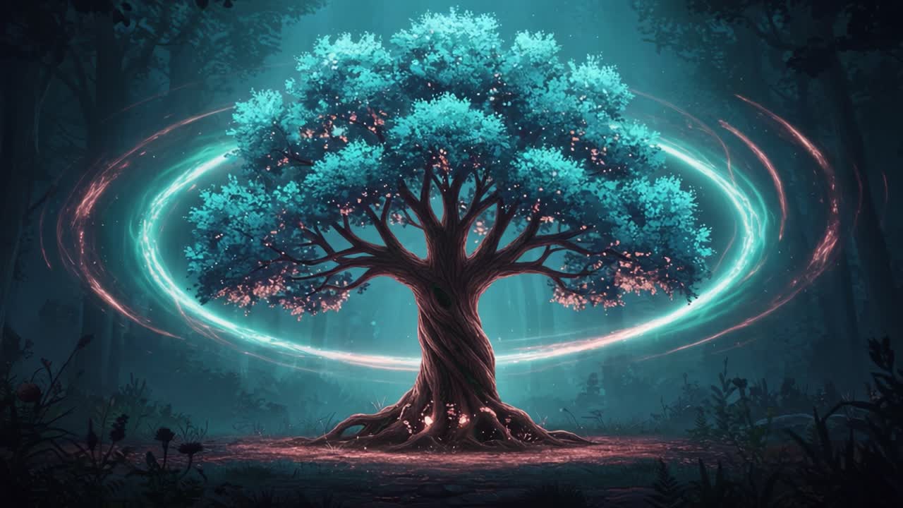 A Majestic Tree with Vibrant Blue Leaves Surrounded by Glowing Energy Rings in a Mystical Forest Setting, Capturing the Essence of Nature's Enchantment