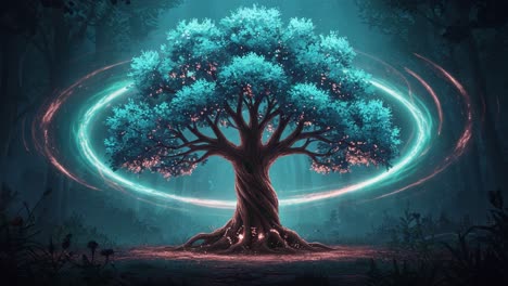a majestic tree with vibrant blue leaves surrounded by glowing energy rings in a mystical forest setting, capturing the essence of nature's enchantment