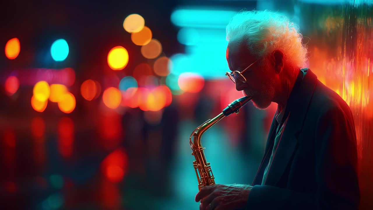 Un sassofonista pieno di sentimento in un vibrante paesaggio notturno, catturato in due immagini, mostra l'essenza del jazz con melodie ipnotiche in una vivace atmosfera urbana