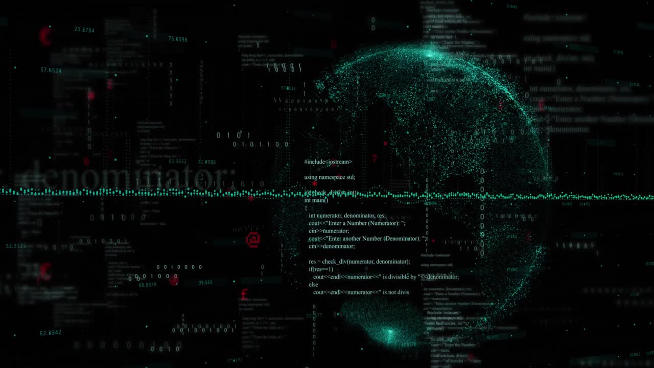 animación del procesamiento de datos y globo sobre fondo negro