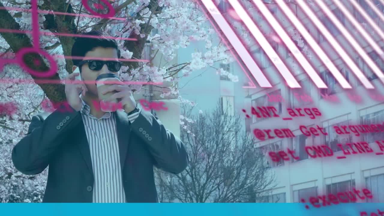 길거리에서 스마트폰으로 대화하는 아시아 사업가에 대한 통계 데이터 처리의 애니메이션