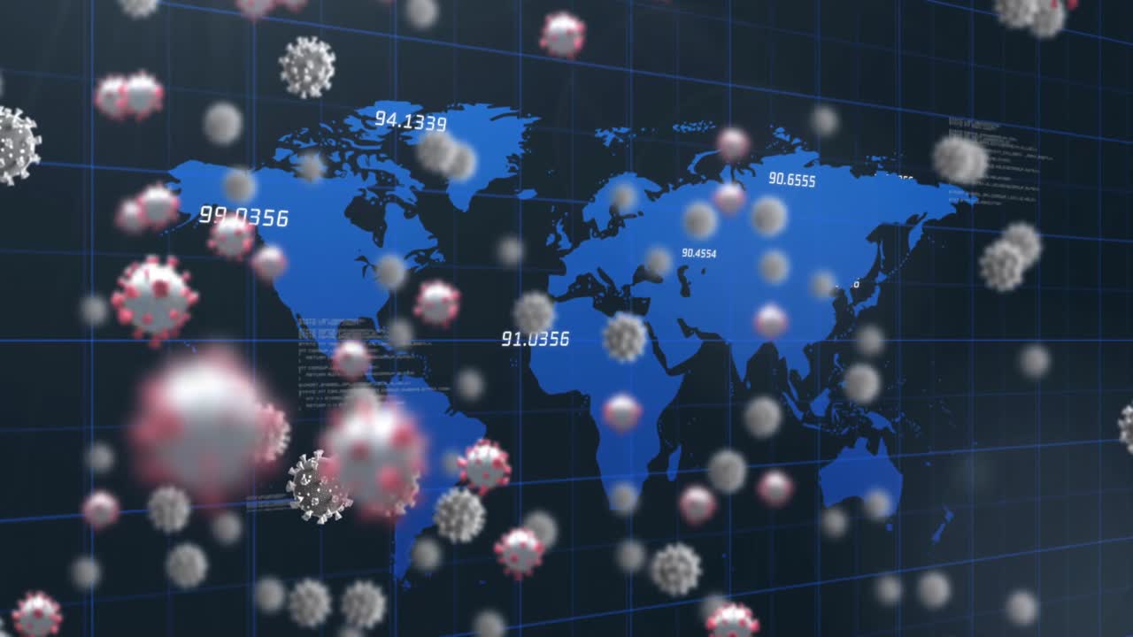 코로나바이러스 세포를 떠다니는 데이터 처리 애니메이션