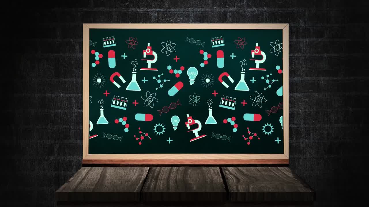 научные иконы движутся на черной доске против кирпичной стены
