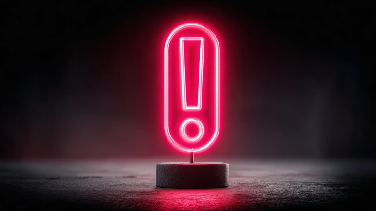 Vibrant Neon Exclamation Mark Displaying a Warning Symbol in a Dark Surrounding with Soft Glows and Shadows, Capturing Attention in Contemporary Design