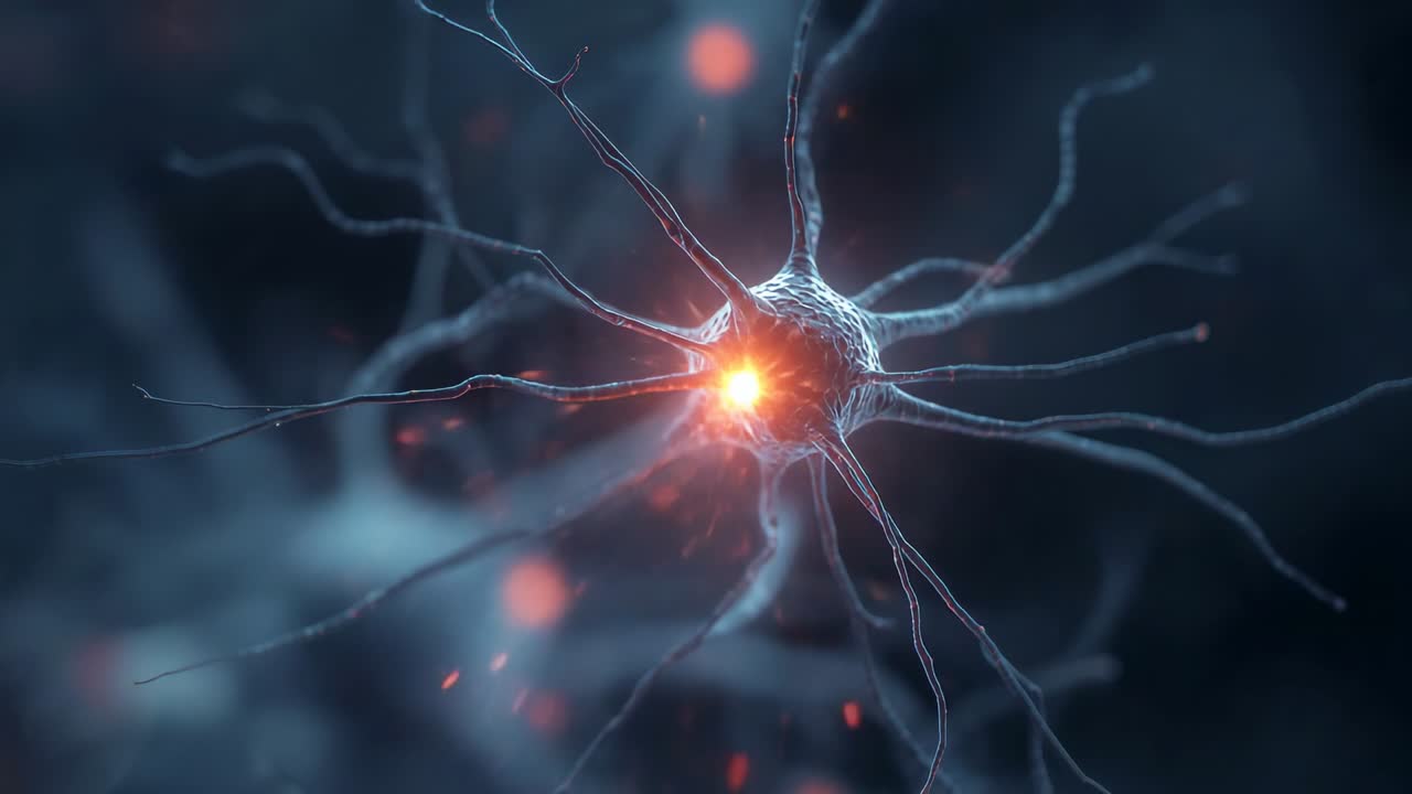 Glowing neuron soma sending sparks via dendrites for signaling in neural network, then fading