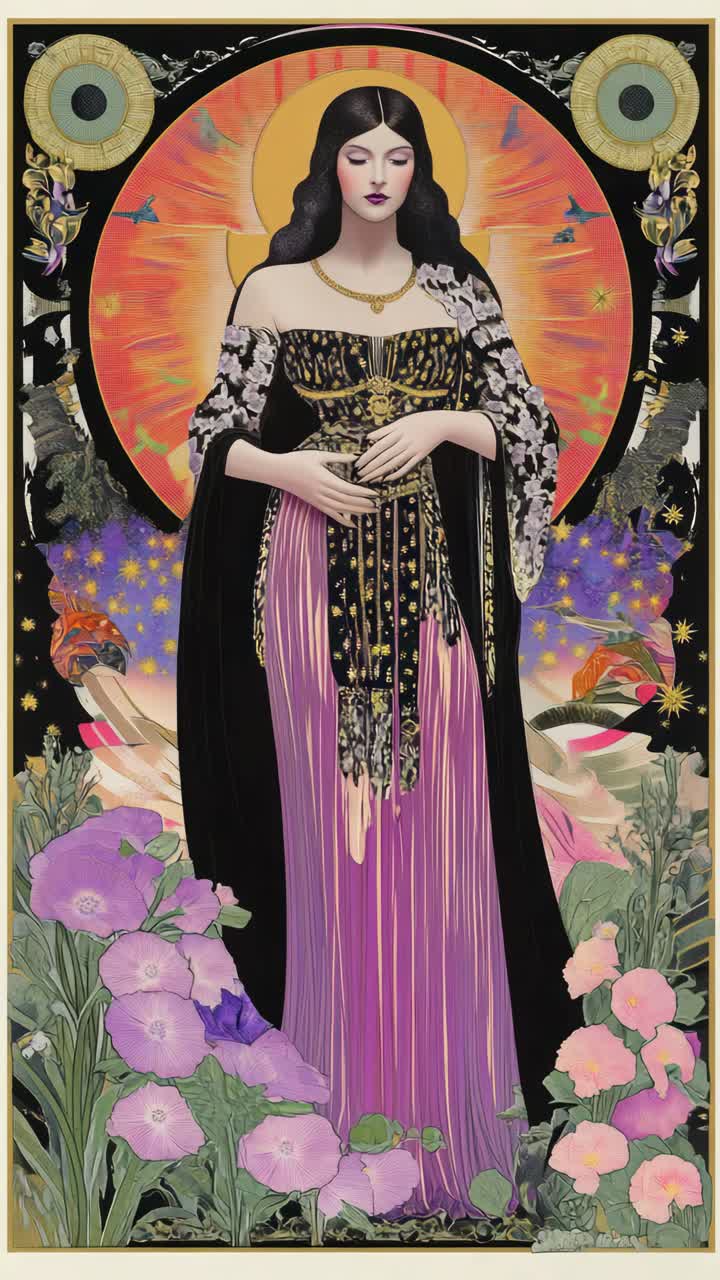 Art Nouveau-inspired video still, featuring a woman in ornate attire, surrounded by floral motifs
