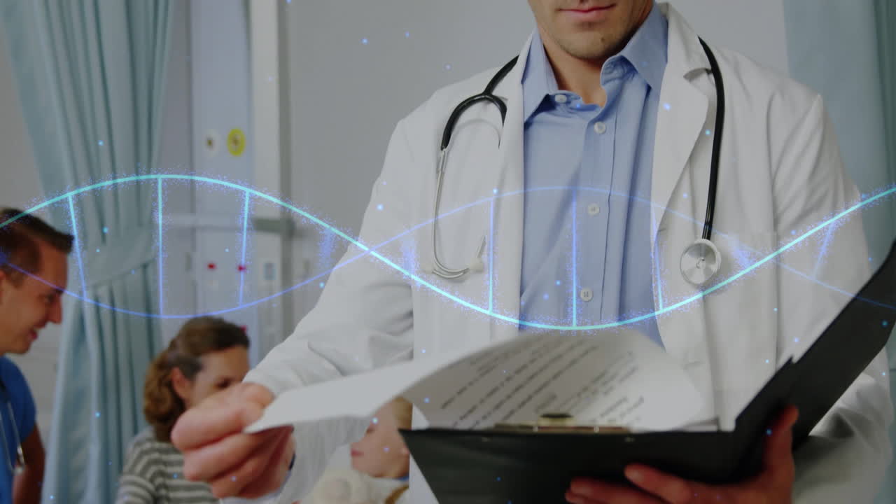 Animation of dna strand over caucasian male doctor reading documents