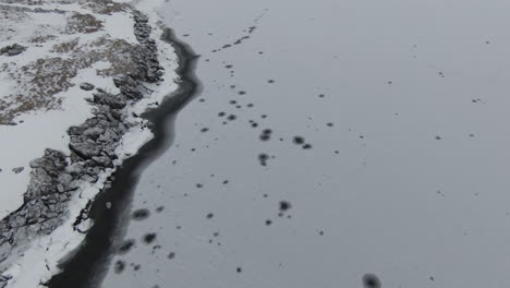 looking down at frozen lake shore, ice circles on surface