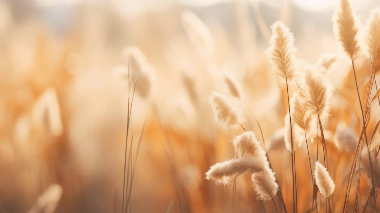 Primo piano, ripresa dal basso di erba della pampa illuminata dal sole che oscilla delicatamente, creando un'atmosfera serena e sognante