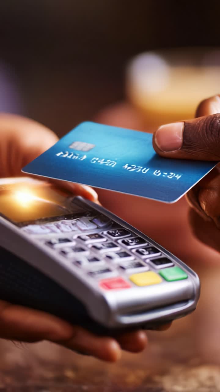 Primo piano di una transazione di pagamento senza contanti con carta di credito e terminale di pagamento, che mostra l'interazione finanziaria moderna e la tecnologia in azione