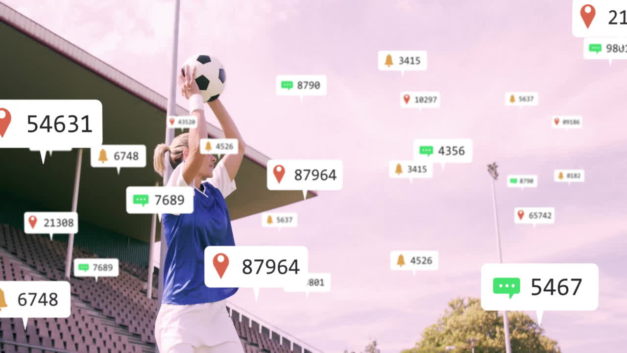 카우카스 여성 축구 선수가 경기장에 공을 던지는 소셜 미디어 알림의 애니메이션