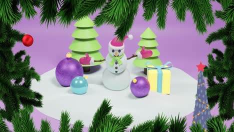 animación de ramas de abeto sobre decoraciones navideñas con muñeco de nieve sobre fondo púrpura